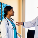 **

A diverse team of doctors and AI developers collaboratively analyzing data on a large screen in a brightly lit hospital room. The screen displays an explainable AI interface with highlighted factors influencing a diagnosis. The scene emphasizes the human element with doctors attentively discussing the AI's insights and making collaborative decisions, showcasing ethical AI implementation in healthcare.

**