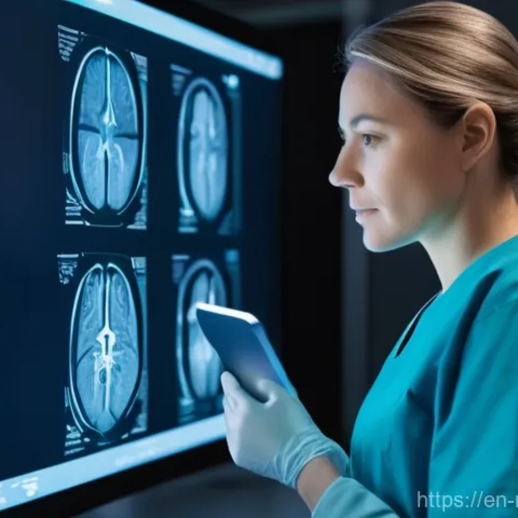AI 의료 기술의 최신 발전 - **Prompt:** A diverse female radiologist in her late 30s, wearing clean blue scrubs, meticulously ex...