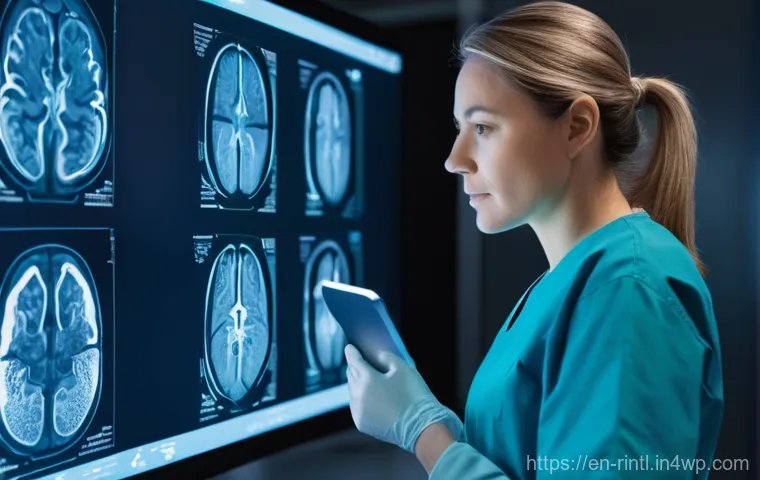 AI 의료 기술의 최신 발전 - **Prompt:** A diverse female radiologist in her late 30s, wearing clean blue scrubs, meticulously ex...