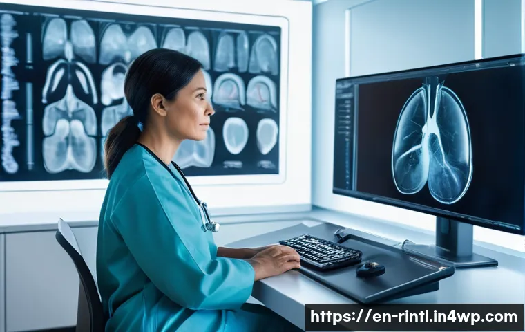 AI 헬스케어 기술의 미래 전망 - **Prompt:** "A brightly lit, futuristic radiology suite where a skilled radiologist, a woman in her ...