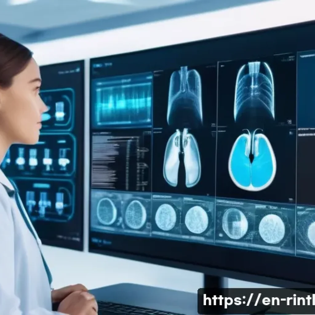 AI 기술이 만들어가는 미래의 헬스케어 - A futuristic hospital radiology room where an AI-powered diagnostic system analyzes high-resolution ...