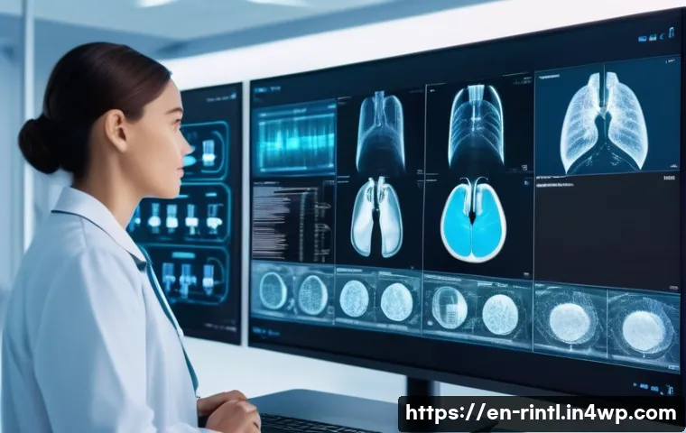 AI 기술이 만들어가는 미래의 헬스케어 - A futuristic hospital radiology room where an AI-powered diagnostic system analyzes high-resolution ...