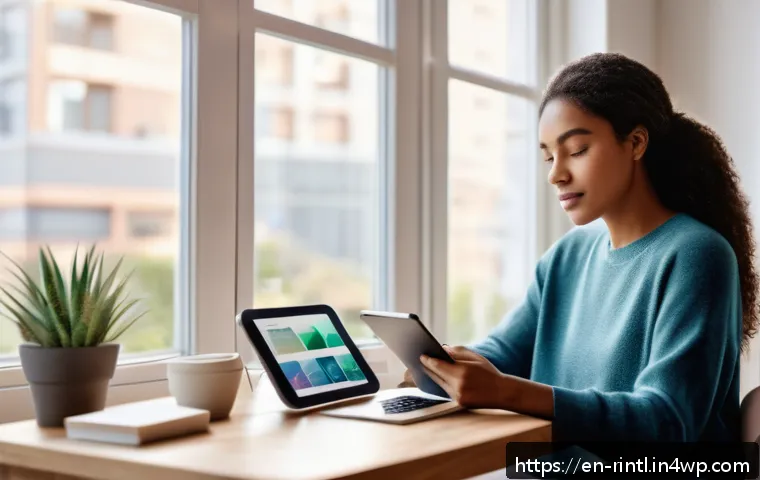 인공지능을 통한 정신 건강 관리 전략 - A serene, modern home office setting with a diverse young adult woman sitting comfortably at a desk,...