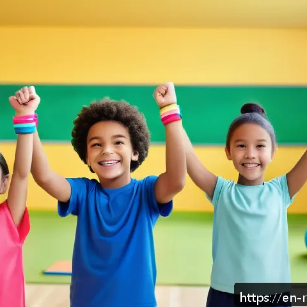 AI를 활용한 어린이 비만 예방 - A cheerful, diverse group of children wearing colorful activewear and smart wearable fitness devices...