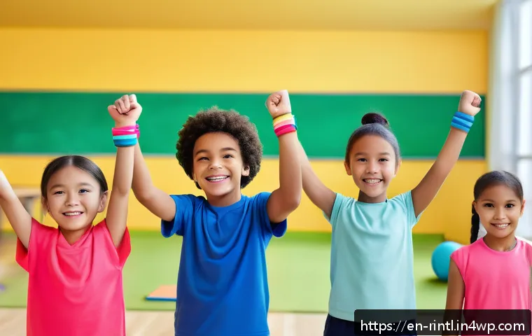 AI를 활용한 어린이 비만 예방 - A cheerful, diverse group of children wearing colorful activewear and smart wearable fitness devices...