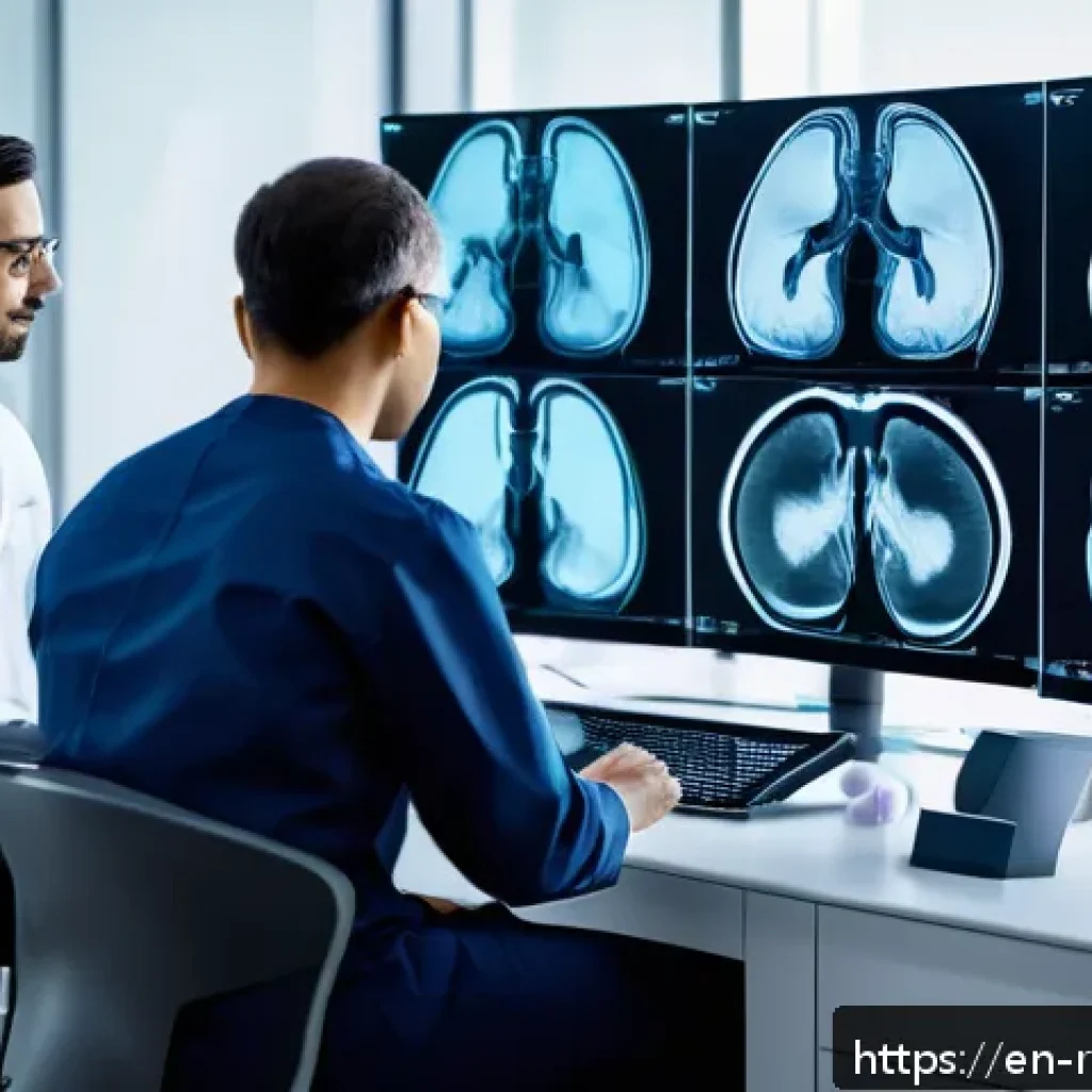 AI 의학 연계 서비스의 사례 분석 - A futuristic medical imaging lab scene showing a diverse team of radiologists and AI-driven machines...