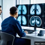 Home 23 AI 의학 연계 서비스의 사례 분석 - A futuristic medical imaging lab scene showing a diverse team of radiologists and AI-driven machines...