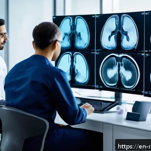 Home 17 AI 의학 연계 서비스의 사례 분석 - A futuristic medical imaging lab scene showing a diverse team of radiologists and AI-driven machines...