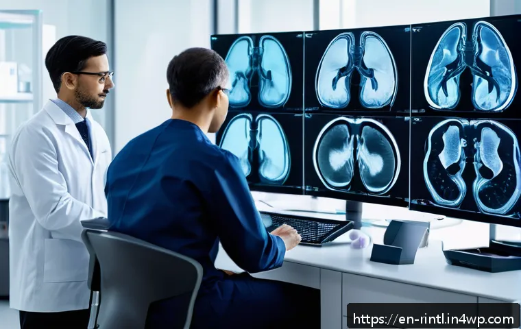 AI 의학 연계 서비스의 사례 분석 - A futuristic medical imaging lab scene showing a diverse team of radiologists and AI-driven machines...