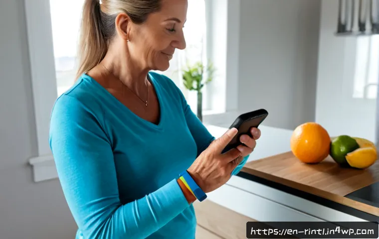 Home 17 AI 건강 관리의 개인화 시대 - Photorealistic lifestyle scene of a middle-aged woman in a bright modern home kitchen checking a per...